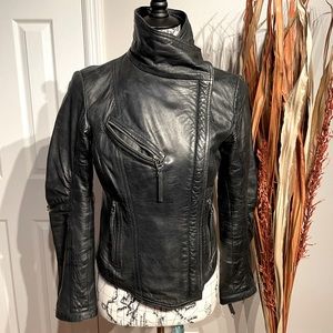 Vintage Y2k Asymmetric Zip Napa Leather Soft Draped/Rutched Crop Fit Flare Rave